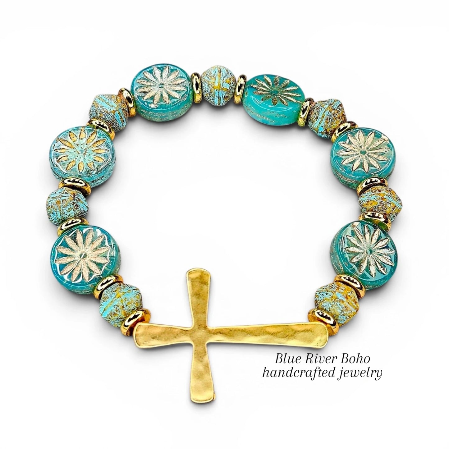 Turquoise Floral Bead Bracelet with Gold Sideways Cross |