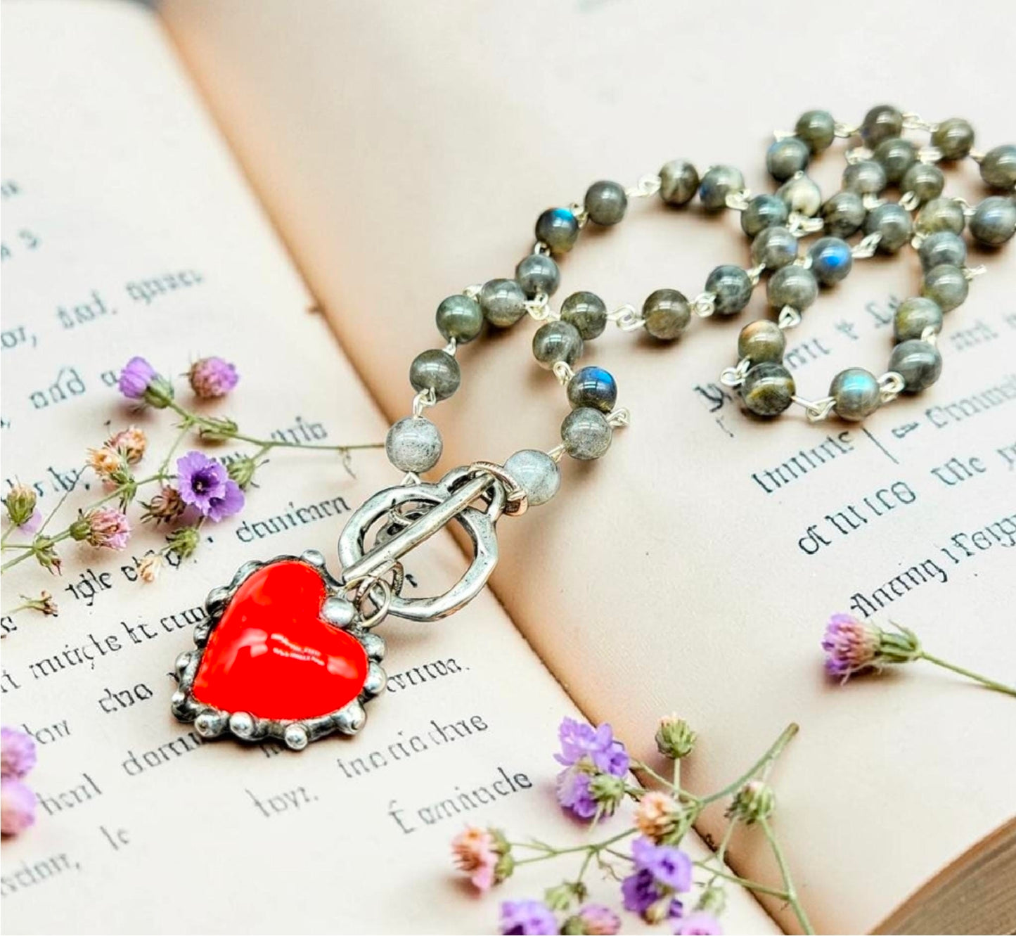 Artisan-crafted Heart Necklace • Red Glass Pendant • Silver Wire-Wrapped Rosary Chain