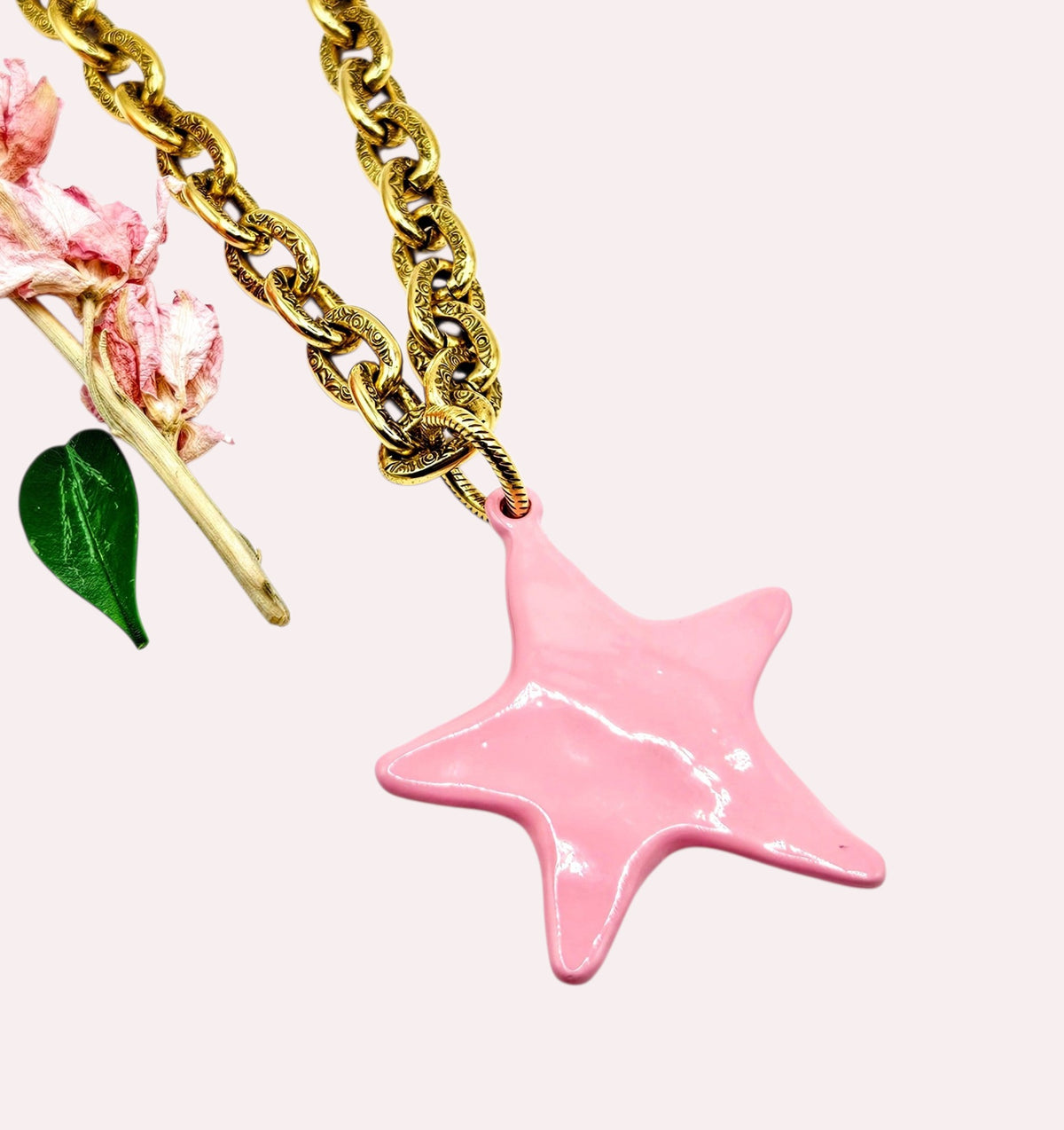 Blue River Boho handmade gold-tone chain necklace featuring an antique-style pink enamel star pendant