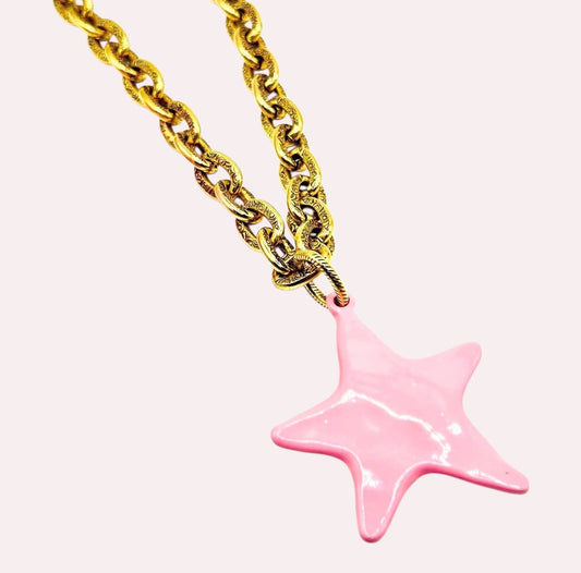 Blue River Boho handmade gold-tone chain necklace featuring an antique style pink enamel star pendant.
