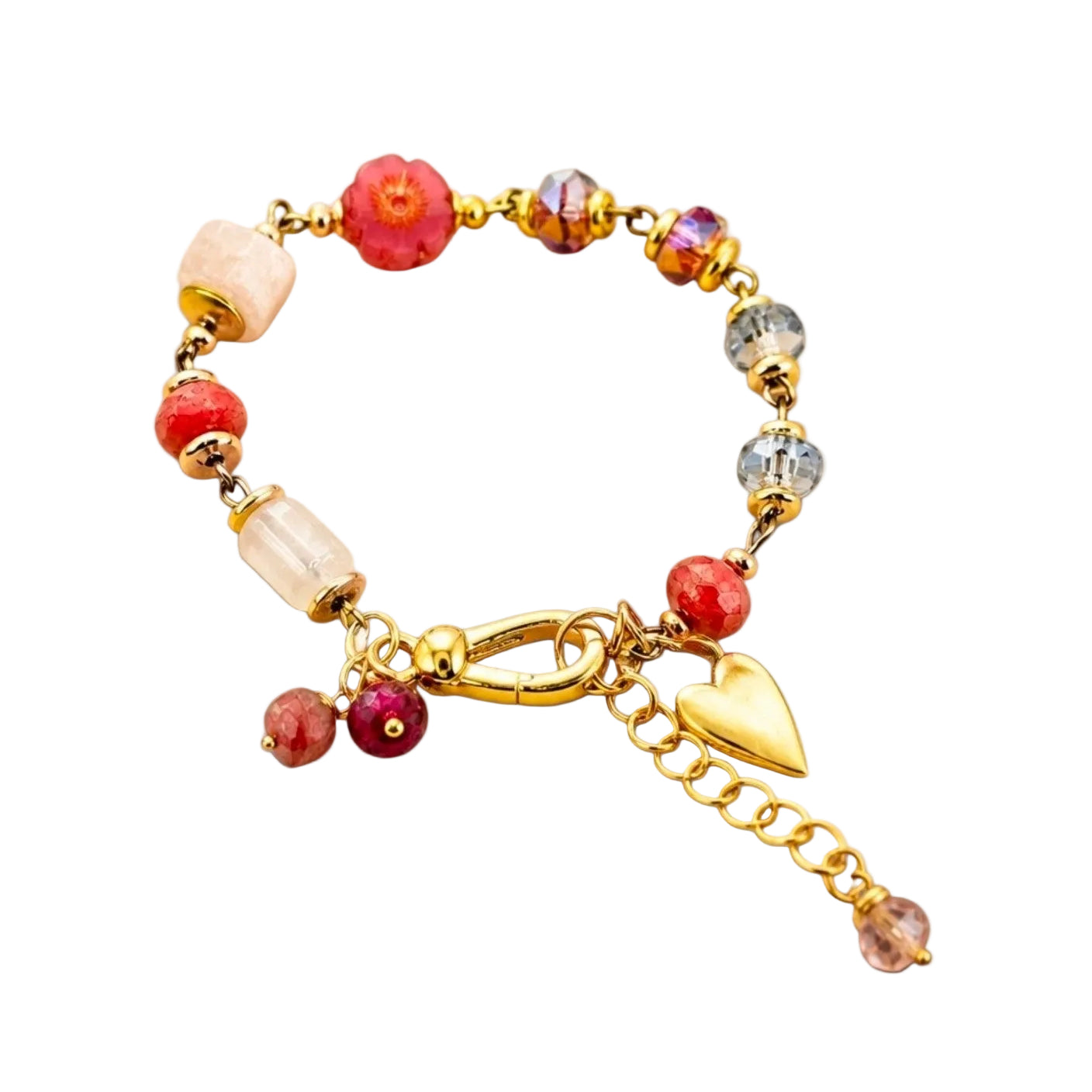 Boho Bloom Bracelet with Czech Glass Beads and 14k Gold-Filled Heart Charm