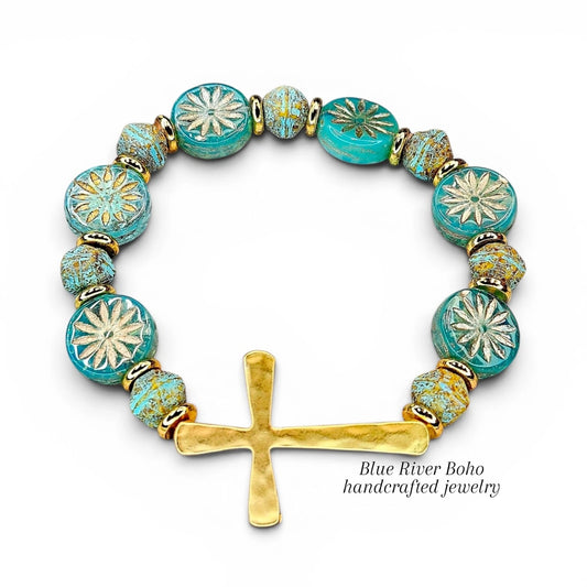 Turquoise Floral Bead Bracelet with Gold Sideways Cross |