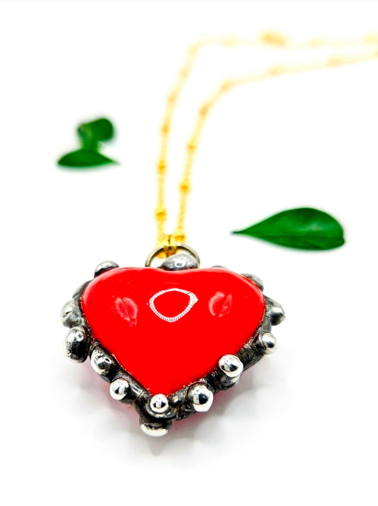 Artisan Red Glass Heart Pendant Necklace, Boho Silver Bezel, 18k Gold Fill Chain
