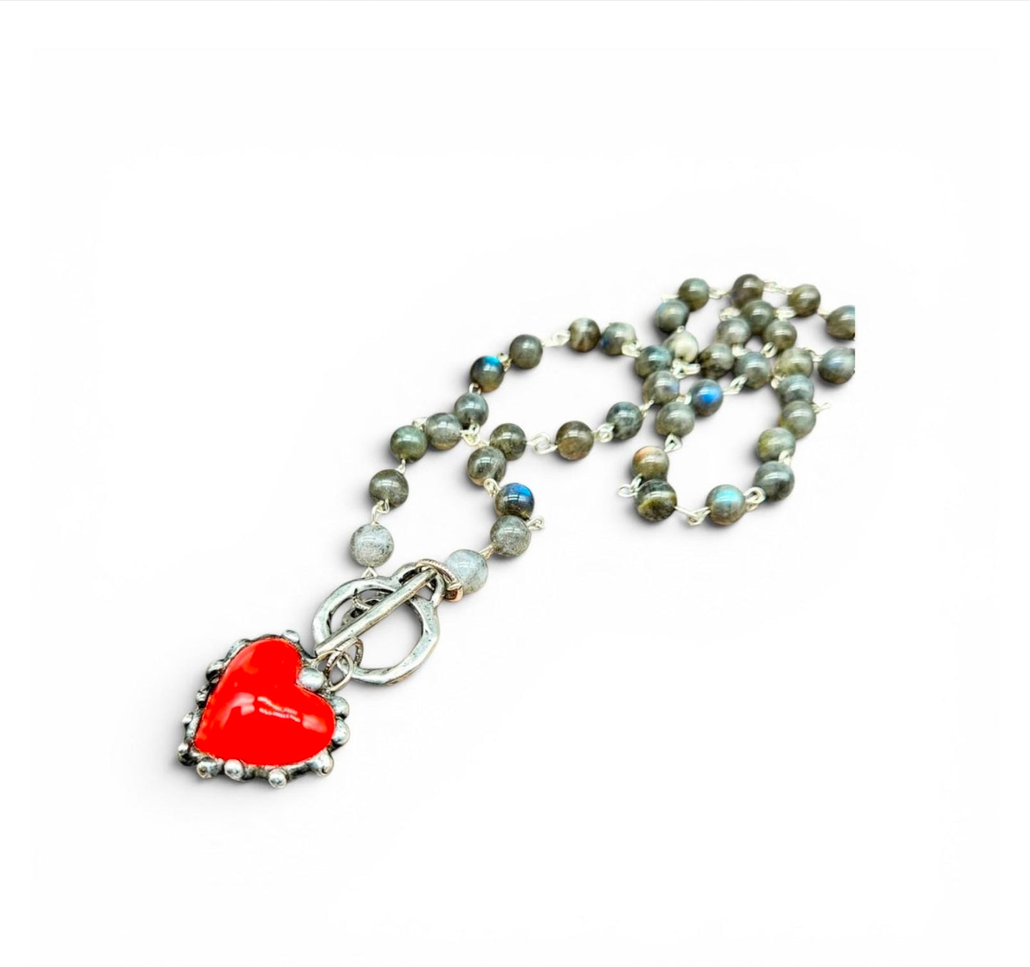 Artisan-crafted Heart Necklace • Red Glass Pendant • Silver Wire-Wrapped Rosary Chain