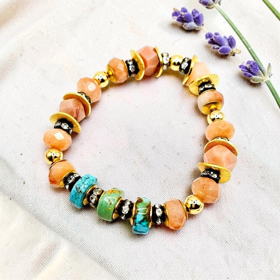 Peach Sunstone & Turquoise Stretch Bracelet
