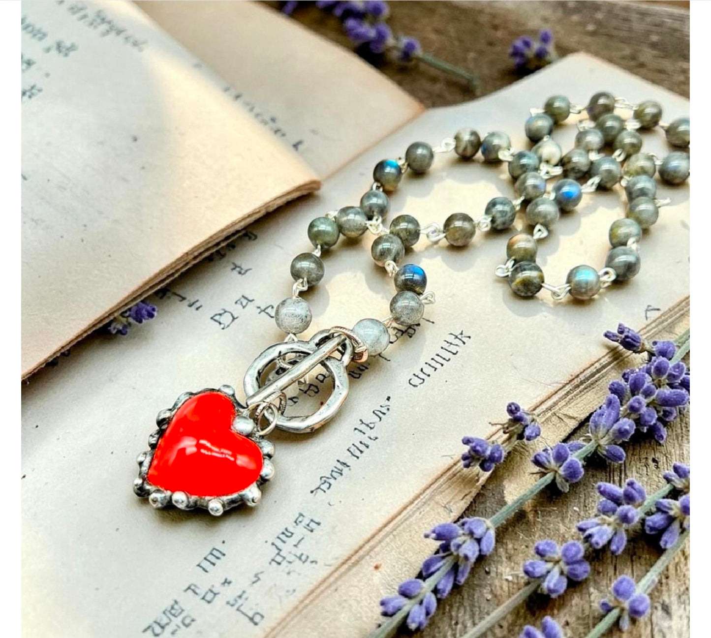 Artisan-crafted Heart Necklace • Red Glass Pendant • Silver Wire-Wrapped Rosary Chain