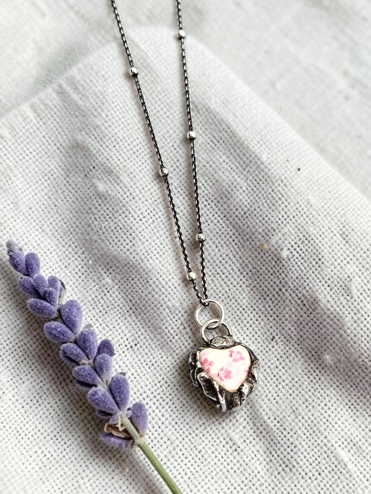 The Blush Keepsake Heart | Hand Soldered Czech Glass Heart Pendant, Oxidized Sterling Silver Satellite Chain, Romantic Gift for Her