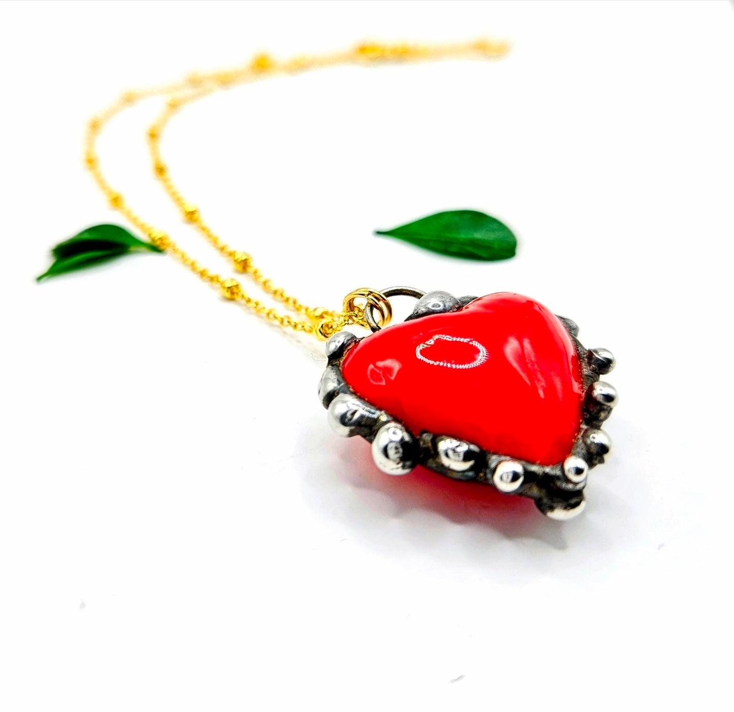 Artisan Red Glass Heart Pendant Necklace, Boho Silver Bezel, 18k Gold Fill Chain