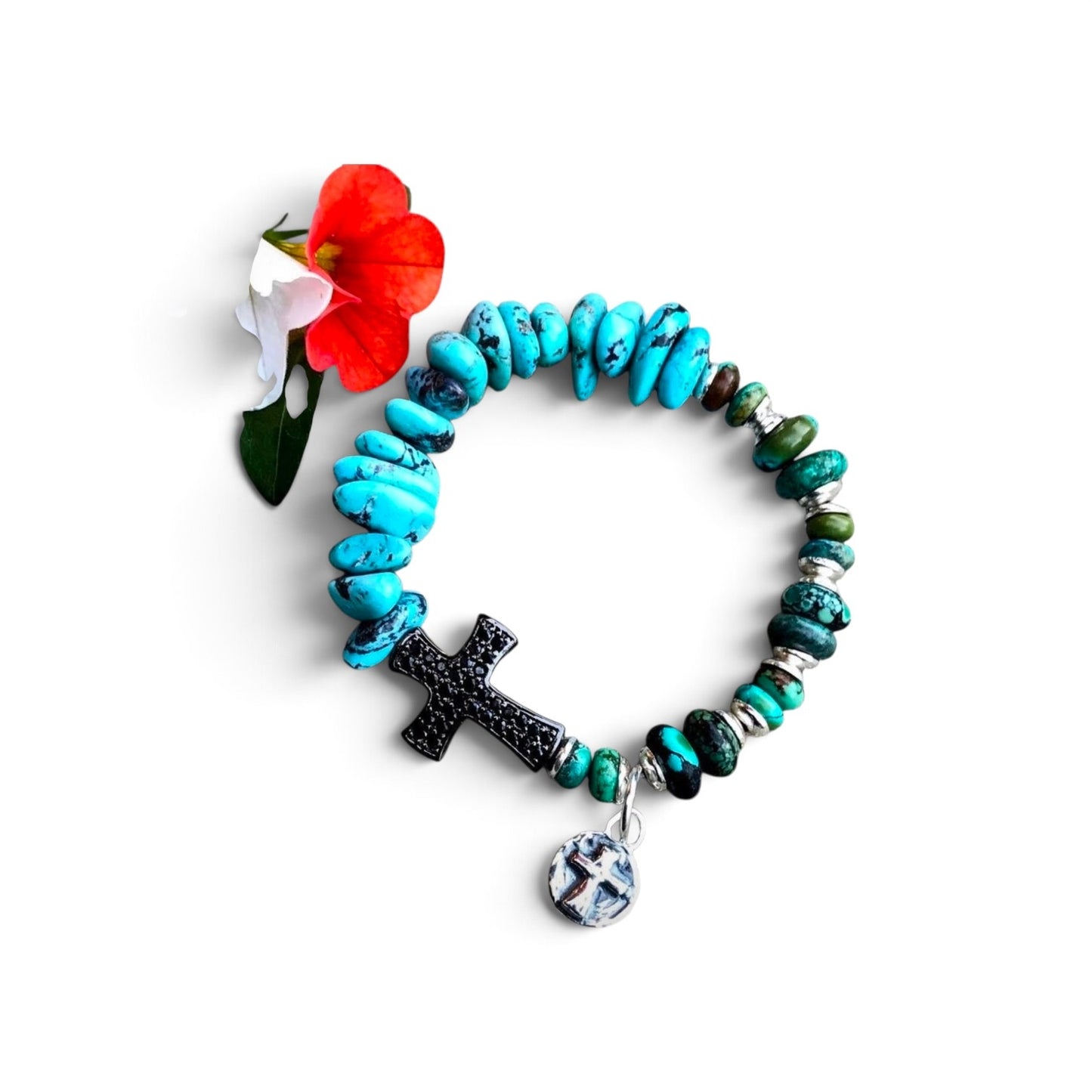 The Sedona Stretch Bracelet — Turquoise, Pavé Cross & Sterling Silver Charm