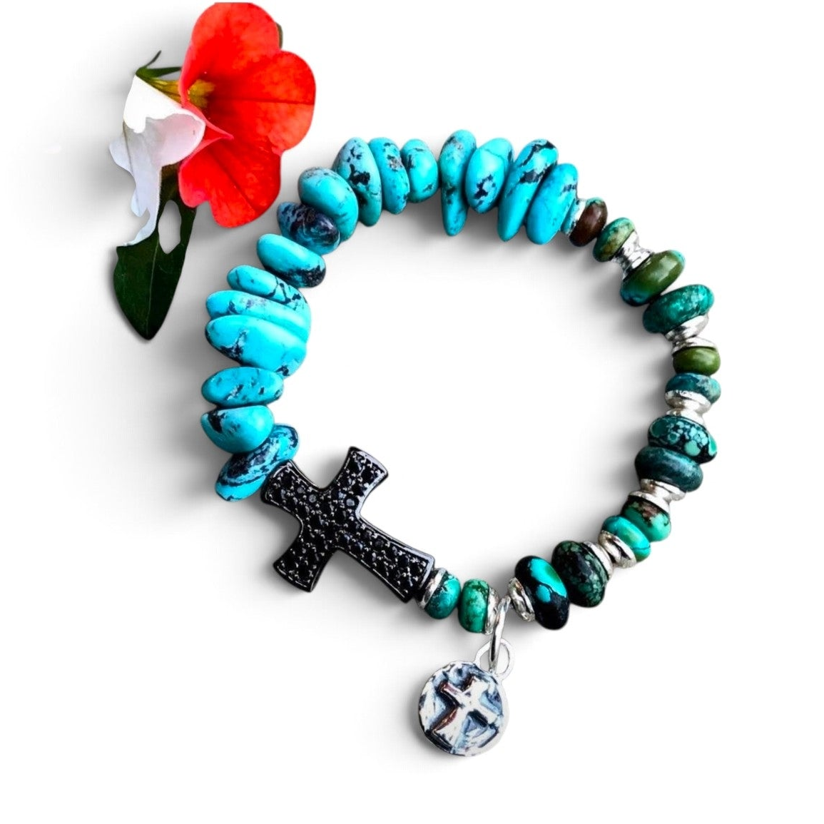 The Sedona Stretch Bracelet — Turquoise, Pavé Cross & Sterling Silver Charm