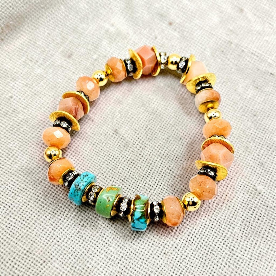 Peach Sunstone & Turquoise Stretch Bracelet