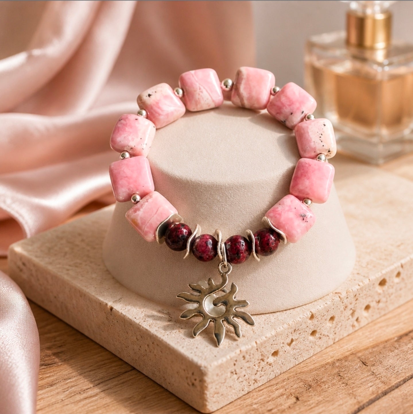 Pink Stone Beaded Bracelet with Silver Sun Charm
