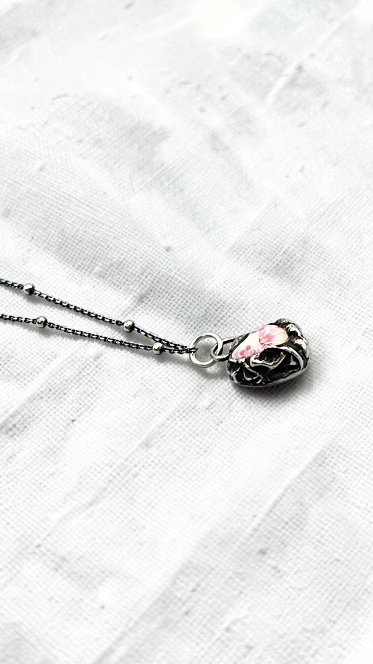 The Blush Keepsake Heart | Hand Soldered Czech Glass Heart Pendant, Oxidized Sterling Silver Satellite Chain, Romantic Gift for Her