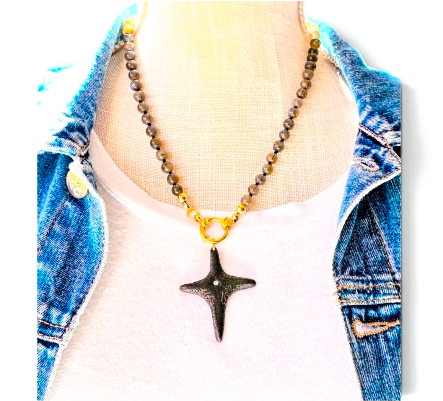 Labradorite Rustic Cross Necklace