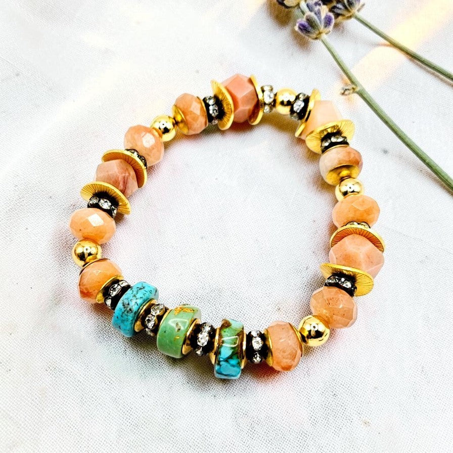 Peach Sunstone & Turquoise Stretch Bracelet
