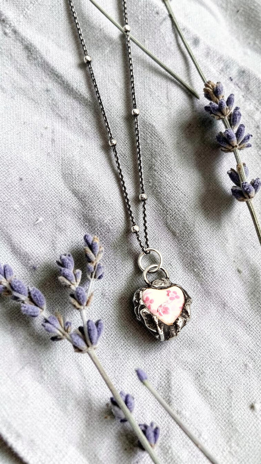 The Blush Keepsake Heart | Hand Soldered Czech Glass Heart Pendant, Oxidized Sterling Silver Satellite Chain, Romantic Gift for Her