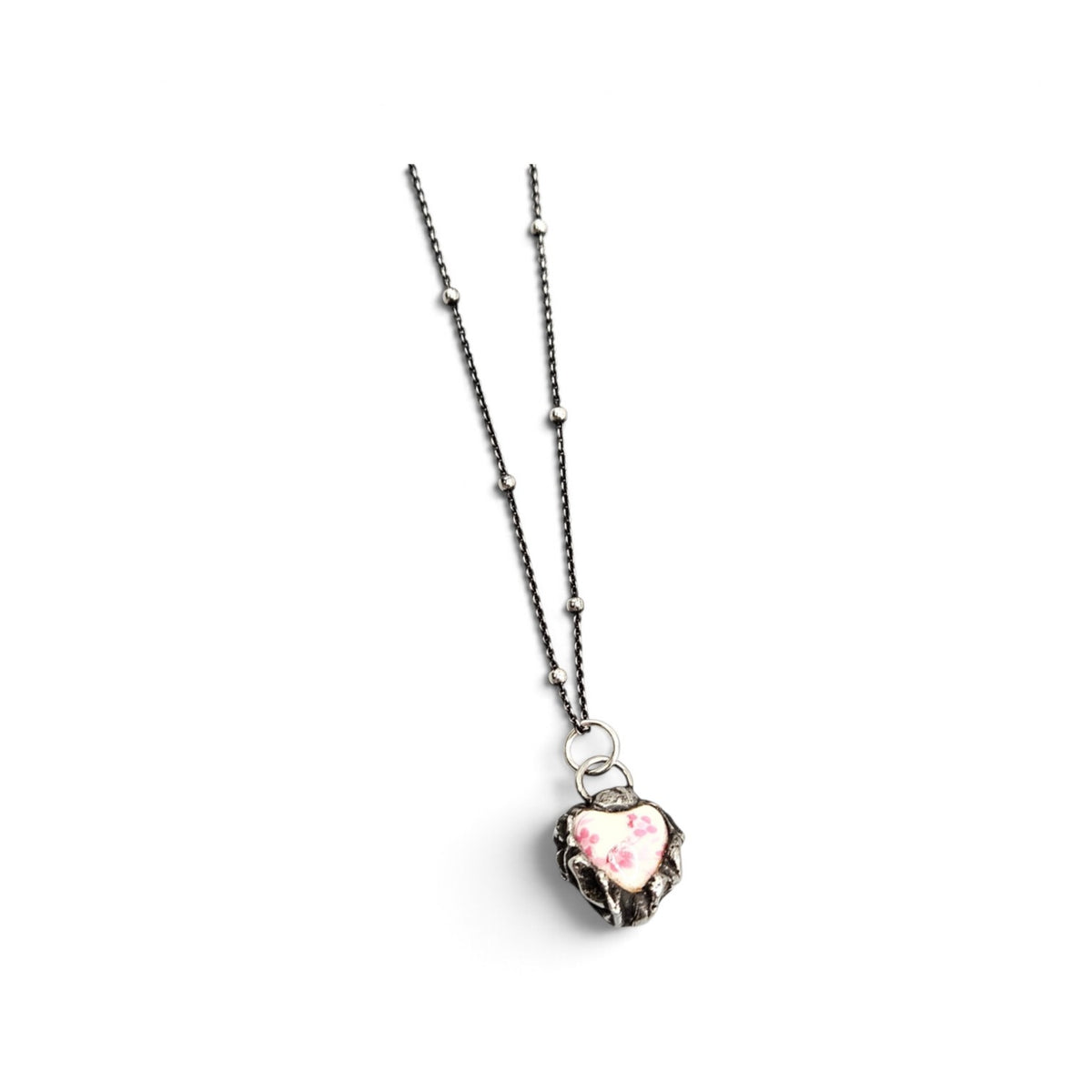 The Blush Keepsake Heart | Hand Soldered Czech Glass Heart Pendant, Oxidized Sterling Silver Satellite Chain, Romantic Gift for Her