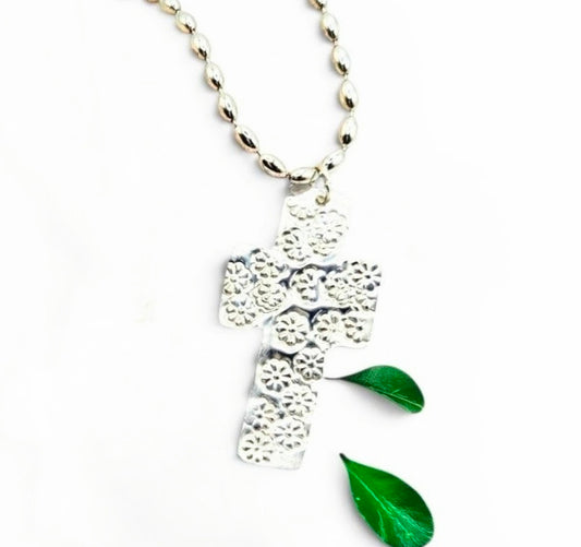 Sterling Silver Wildflower Cross Necklace | Hand-Stamped Floral Pendant | Artisan Faith Jewelry