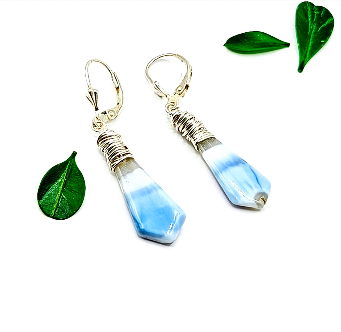 Blue Opal Drop Earrings, Sterling Silver Wire Wrapped Dangle Earrings, Boho Handmade Jewelry
