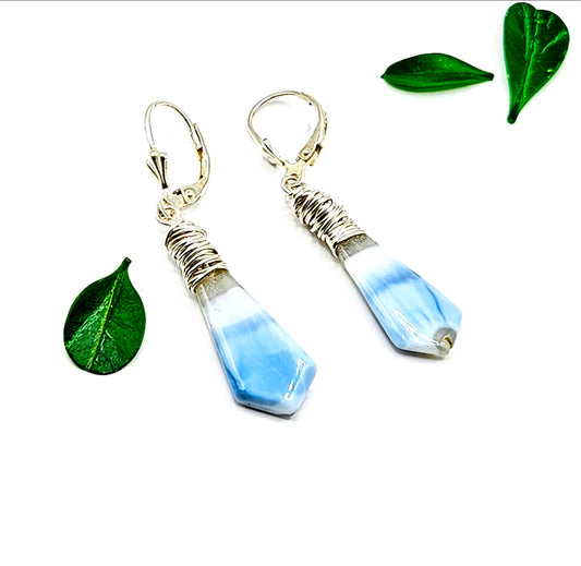 Blue Opal Drop Earrings, Sterling Silver Wire Wrapped Dangle Earrings, Boho Handmade Jewelry