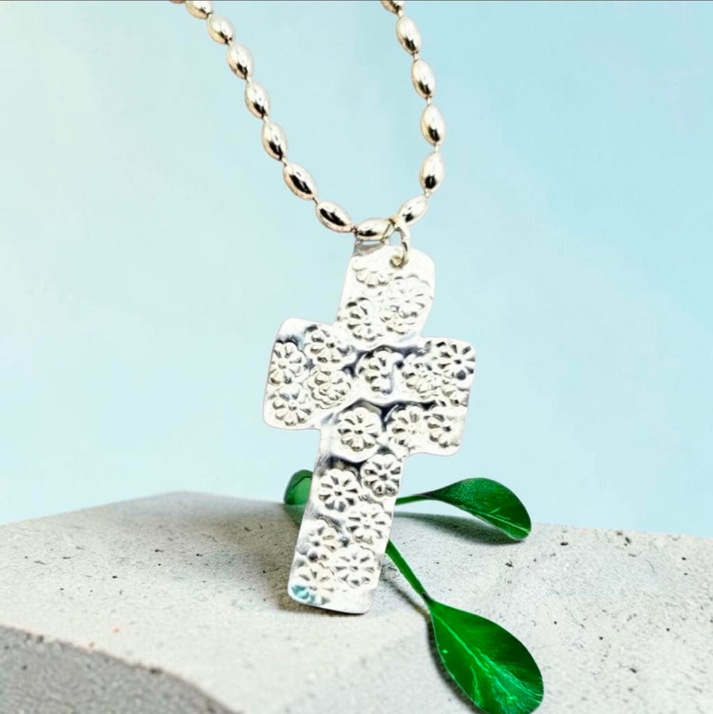 Sterling Silver Wildflower Cross Necklace | Hand-Stamped Floral Pendant | Artisan Faith Jewelry