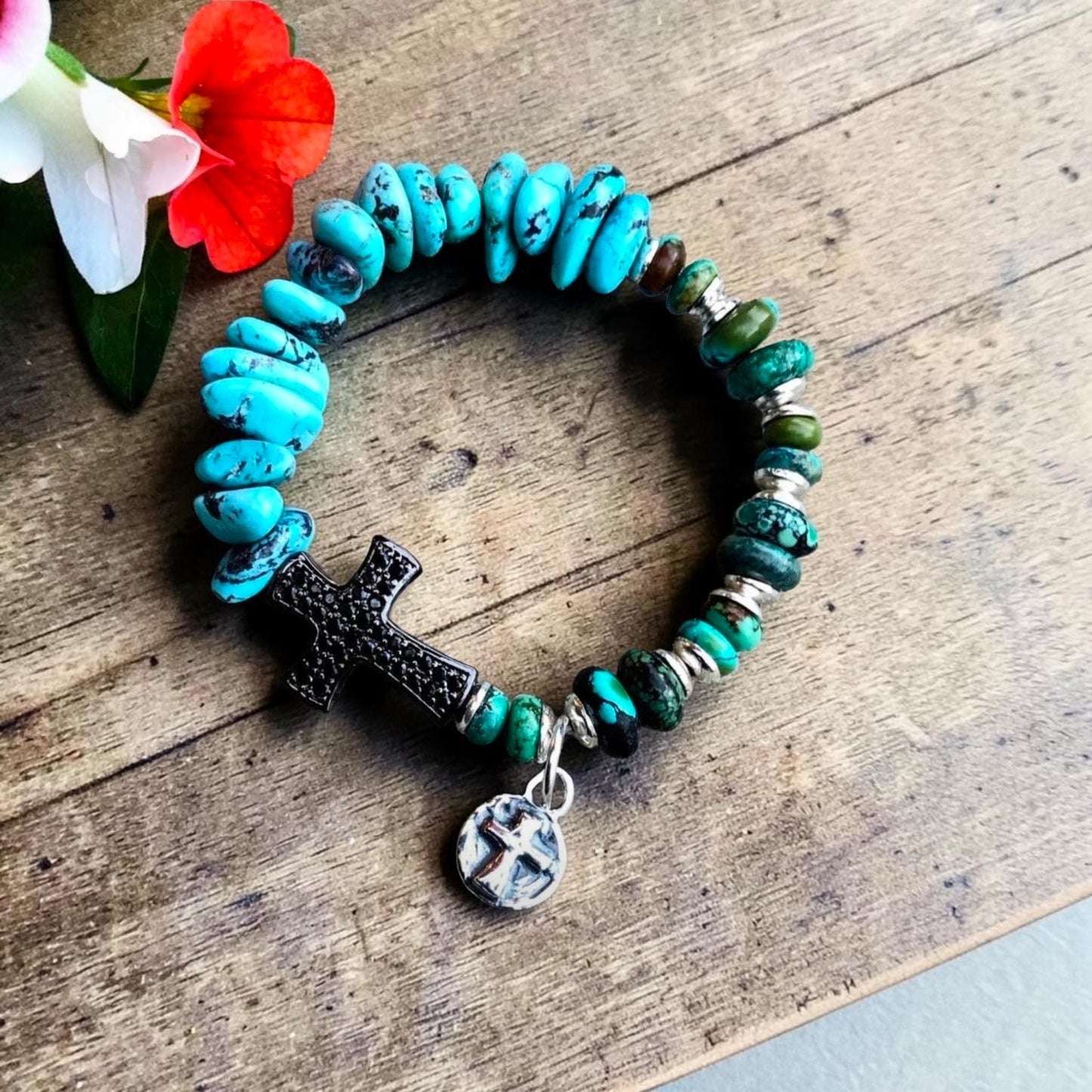 The Sedona Stretch Bracelet — Turquoise, Pavé Cross & Sterling Silver Charm