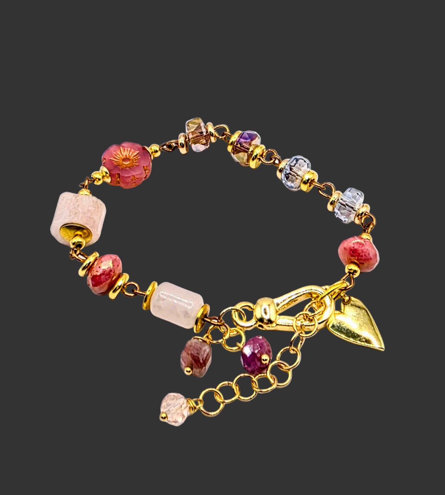 Boho Bloom Bracelet with Czech Glass Beads and 14k Gold-Filled Heart Charm